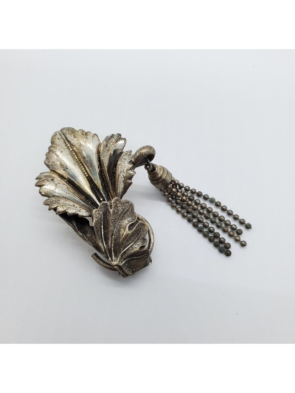 Vintage Silver tone Flower and Butterfly ball chain Fur clip brooch